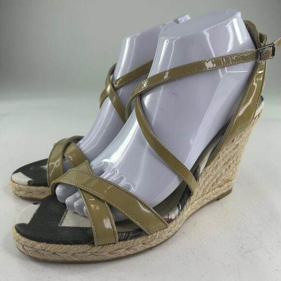 Burberry Nova Check Wedge Espadrilles US 8.5 Womens Beige Patent Strap Sandals - Picture 3 of 10